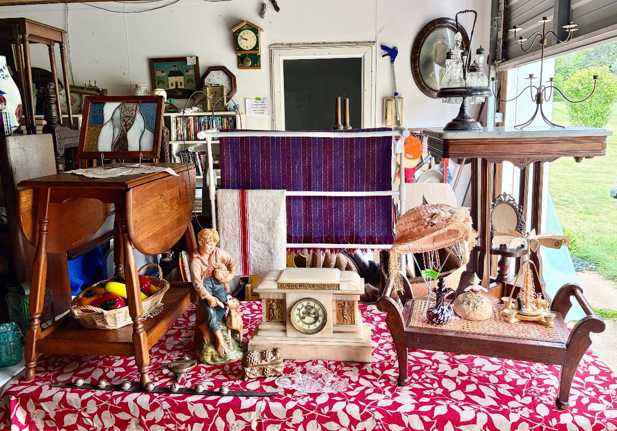 Antique drop down side table, 19th Century French marble Mantle Clock (SOLD), Vintage painted quilt rack, Antique parlor table (SOLD), Antique Wooden foot stool w/ cane top, glass fruit, misc. collectibles