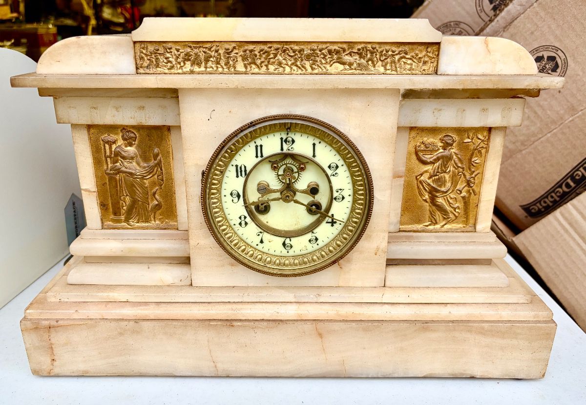 19th Century French Marble, Onyx or Alabaster Mantle Clock, Edwin B. Burt Hand Painted Dial