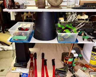 Lots of tools, antique kitchen scale, etc.