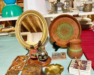 Vintage oval mirror, Misc. trivets/tiles, signed pottery, misc.