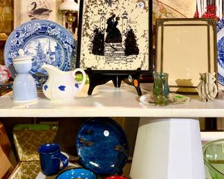 Misc. porcelain, vintage silhouette picture, vintage picture frame, etc.