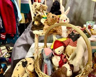 Vintage toys, puppets, large Dalmatian dog (mohair, possibly Steiff), misc. games, child's chair