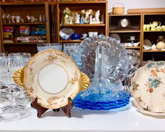 Crystal stemware, collectible porcelain, vintage blue glass plates