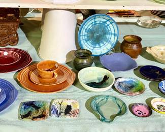 Misc. pottery, glass hand painted square dishes