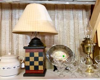 Pfaltzgraff Longaberger Pottery cookie jar "Woven Traditions" pattern, checkerboard lamp, glass sherbets, metal kerosene lamp, silverplate bowl
