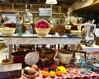 Vintage bench, antique stoneware bowls, Ball jars, vintage child's chair, Longaberger basket, misc. baskets, planter, glass fruit, etc.