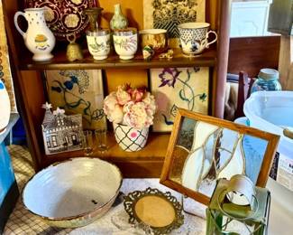 Vintage collectibles, stitched framed artwork, stained glass picture