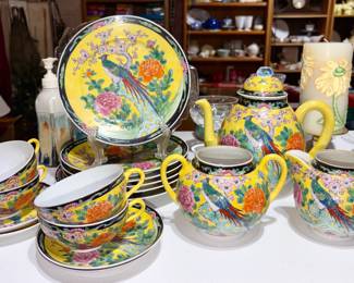 Porcelain Tea set resembling Chinese Famille Jaune ware w/ vibrant birds/flowers