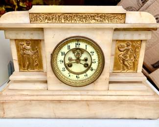 19th Century French Marble, Onyx or Alabaster Mantle Clock, Edwin B. Burt Hand Painted Dial