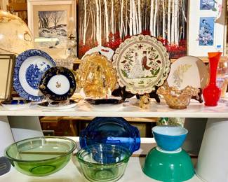Vintage Pyrex bowls, blue pie plate, Misc. porcelain, pottery, marigold glass, orange cased glass vase