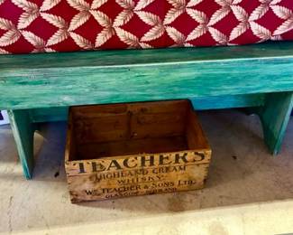 Painted bench, Antique "Teacher's Highland Cream Whisky" Box