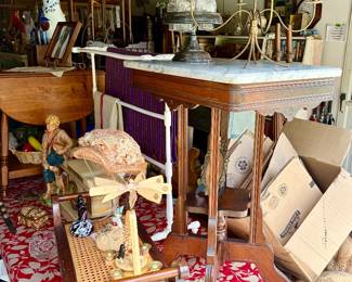 Antique parlor table w/ marble top, Cruet set, candle stand, Antique footstool with cane top, vintage hat, misc. collectibles