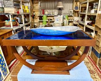 Mid-Century coffee table w/ blue mirror top (can replace glass), large metal bowl