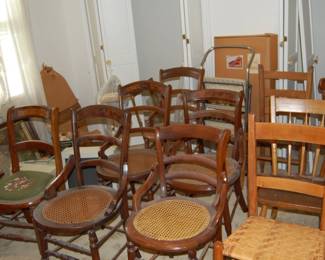 Small Antique Chair w/ Embroidered Seat ~ Small , Antique , Antique Medium Tone Wood Cane Chair