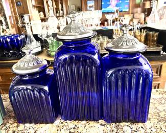 Vintage cobalt canisters with pewter lids