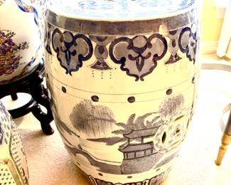 Blue and white Chinoiserie style garden seat