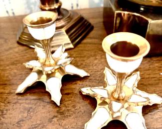 Mother of pearl and brass candlesticks