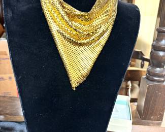 Vintage Whiting and Davis gold mesh bib necklace
