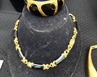 Vintage Monet black enamel and gold necklace