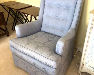 MCM blue damask high back chair