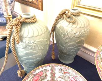 Incredible pair of vintage celadon vases