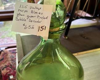 #151 13.5 Vintage MCm Blenko Glass Green Pinched Bubble Decanter - 13" Tall $65.00