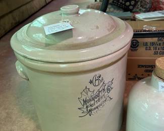 #156 Western Stoneware Co. 6 Gal - 14" +Top w/leaf Design $100.00