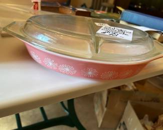 #129 Vintage Pink Pyrex Divided Casserole Dish w/lid $40.00