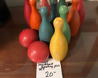 #113 Vintage Bowling Wood Set of Pins w/2 balls - Mini set - 5" Tall $20.00