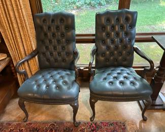 #4 Set of 2 Blue Leather Arm Chairs w/Button Back and Nailhead Trim $150.00