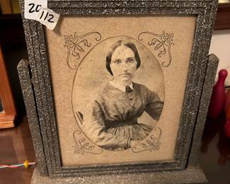 #112 Antique Photograph of Lady in a Wood Swinging Frame - 10x11 under Glass $20.00