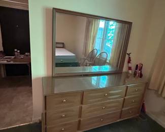 #105 Mid-Century Haywood Wakefield Cadence Geometric 9 drawer Dresser Geometric Front and Tapered Lags w/walnut finish w/glass protect - all drawers work well Original Finish- 64x19x68 Mirror - 54x36 $400.00