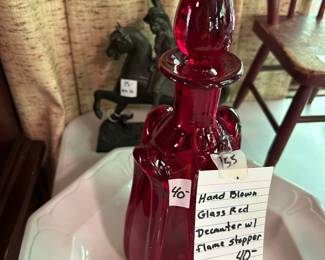 #155 Hand Blown Glass Red Decanter w/Flame Stopper $40.00