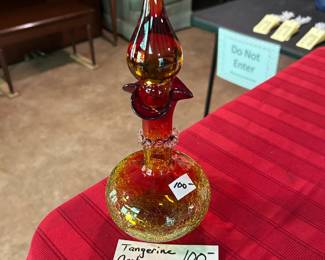 #147 Tangerine Aberina Crackle Glass Decanter Flame Tip Stopper $100.00