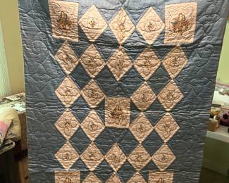#86 Antique Hand-Stitched and Quilted Embroidered Baby Blanket - 45x33 $50.00