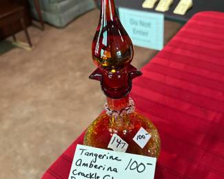 #147 Tangerine Aberina Crackle Glass Decanter Flame Tip Stopper $100.00