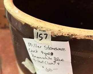 #157 Miller Stoneware Crock 4 Gal Brown & White 4 Leaf Clover $60.00