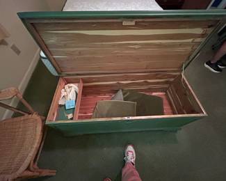 #107 Green Wood Painted Trunk by Cavalier w/Side Tray and Key - 47x19x20 $125.00