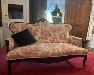 Victorian Settee from Great grandmothers estate in Glencoe, MD that grandmother inherited and had reupholstered with french Damask fabric in late 80's.