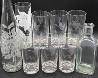 88 EtchedGlasswareCollectionTumblersFloralBottleVintageBottle