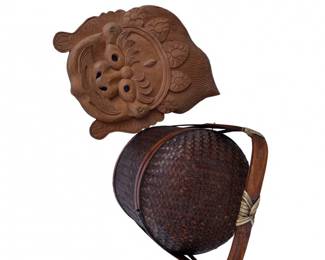 57 HandCarvedAsianWallMaskWovenBasketFolkArtDcorPair