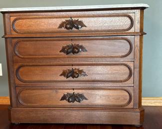 113 AntiqueMarbleTopWalnutDresserwithCarvedAcornPulls