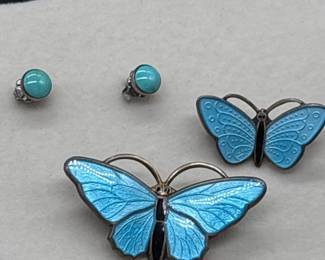 9 SterlingSilverBlueEnamelButterflyBroochEarringsSet