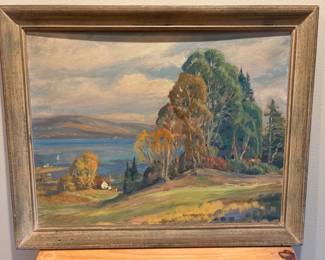 107 FramedLandscapeOilPaintingLakesideCountrysideScene