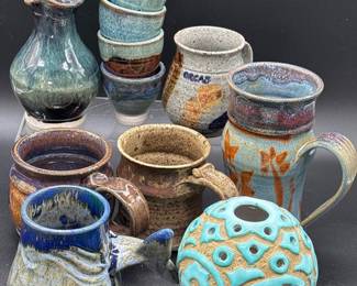 103 StudioPotterySakeSetFlowerFrogHandcraftedCeramics