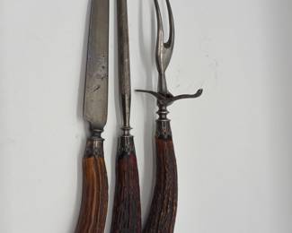 29 VintageStagHornCarvingSetKnifeForkSharpenerwithSilverTrim
