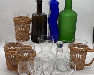 60 VintageArtGlassBottlesCarafesWickerWineGlassCollection