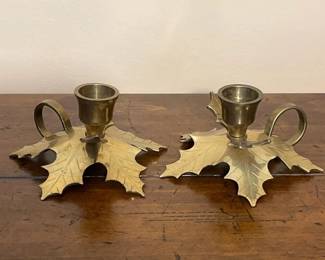 075 pairofbrassleafshapedcandleholders