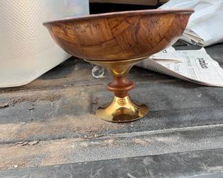 . . . mid-century parquet bowl on brass pedestal