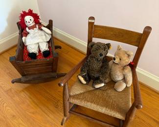 Victoria Crib, Child’s rocking chair, Steiff Mohair Bears
